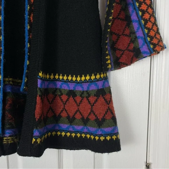 Vintage Boho 70’s Open Front Geo Knit Mid Long Cardigan Duster Sweater Sz M - Picture 2 of 7